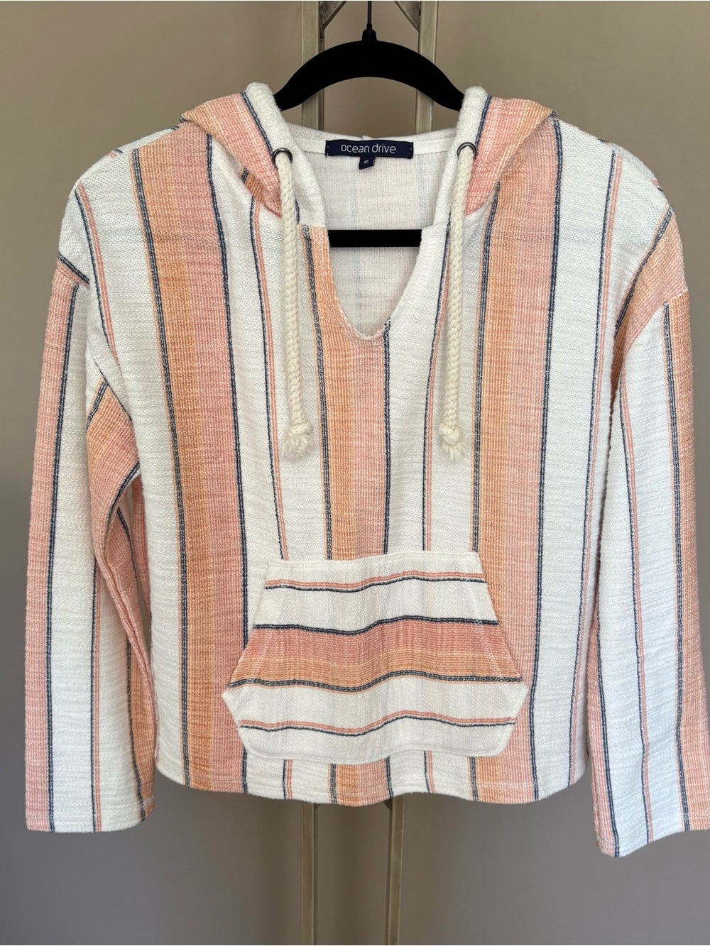 Ocean Drive Striped Baja Hoodie Pullover Sweater Peach White Size Small
